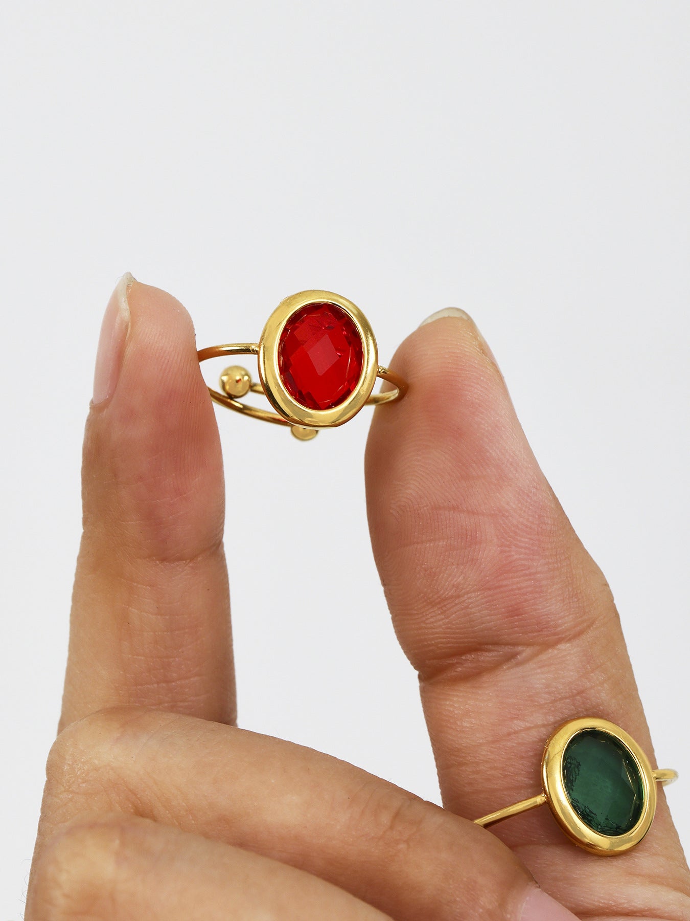 316L Stainless Steel 18K PVD Gold Adjustable Czech Glass Gemstone Ring