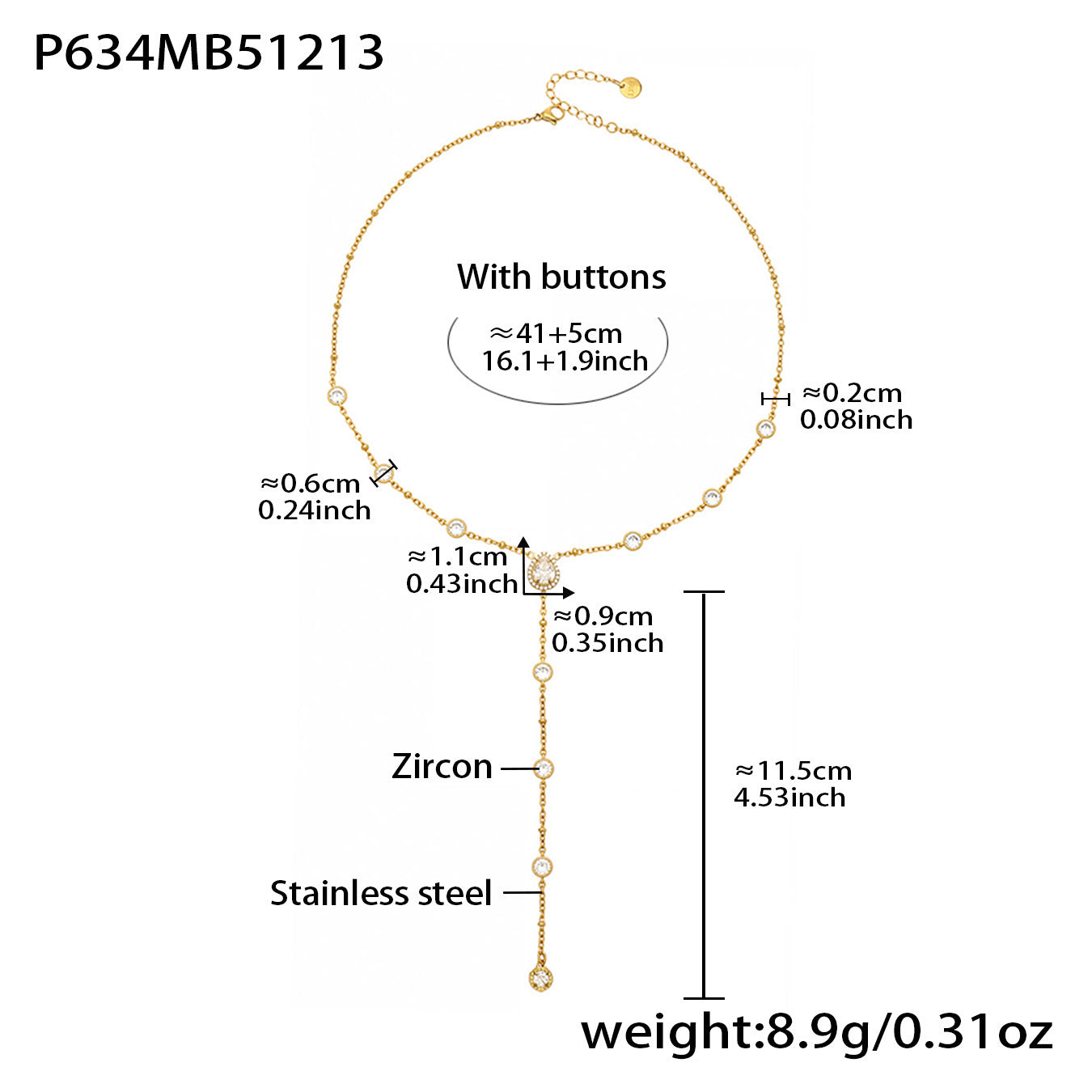 316L stainless steel gold Y lariat necklace with zircon details, 41+5cm adjustable length, PVD gold plated
