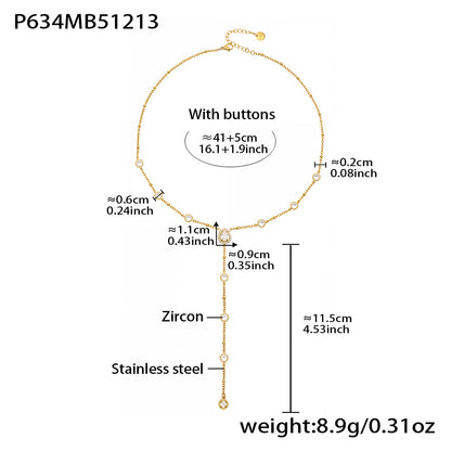 316L stainless steel gold Y lariat necklace with zircon details, 41+5cm adjustable length, PVD gold plated
