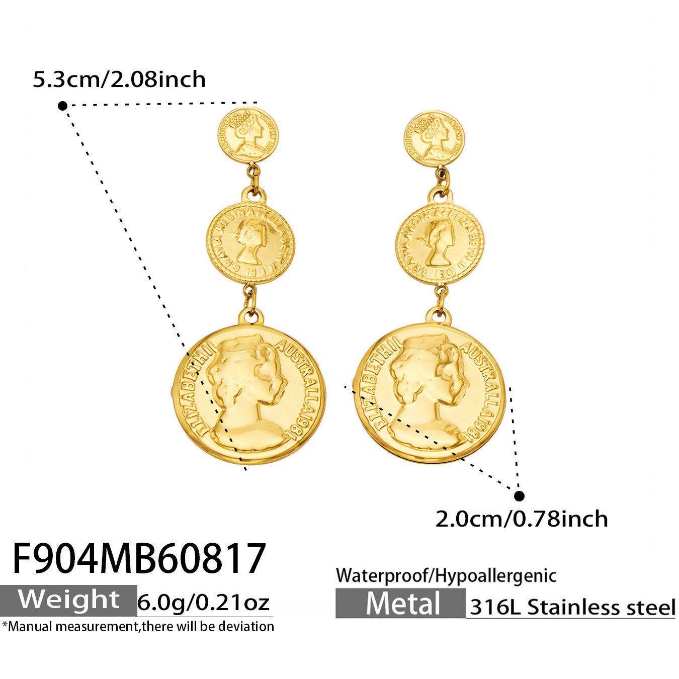316L Stainless Steel 18K PVD Gold Gradual Coin Earrings made with 316L stainless steel and 18K PVD gold finish for wholesale jewelry buyers - image 4