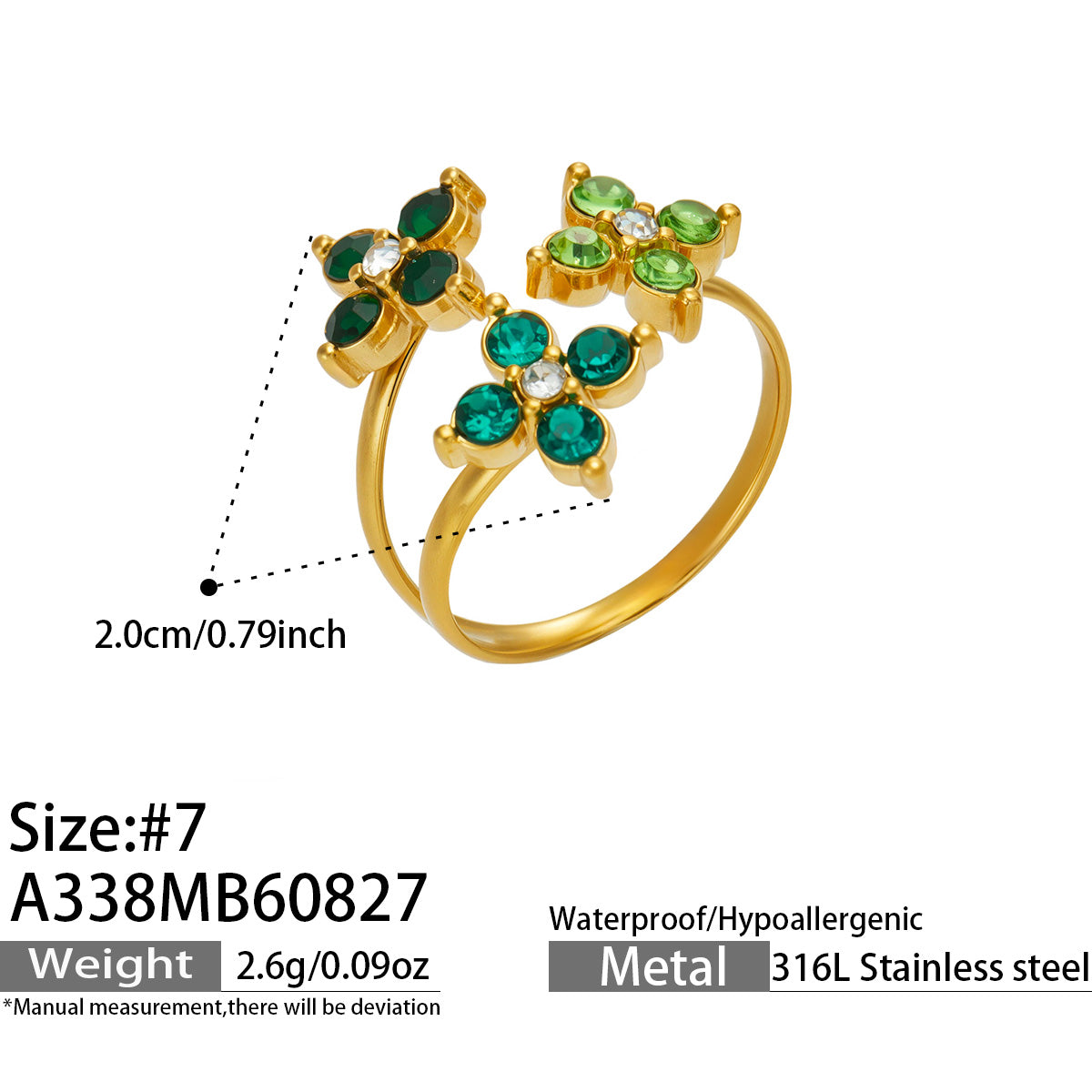 Specification card for 316L stainless steel green clover CZ open ring in 18K PVD gold