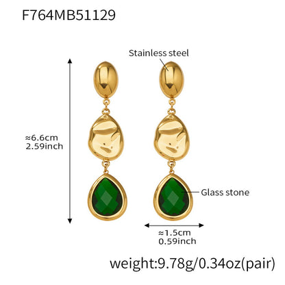Green Czech glass teardrop earrings crafted from 316L stainless steel with gold plated finish