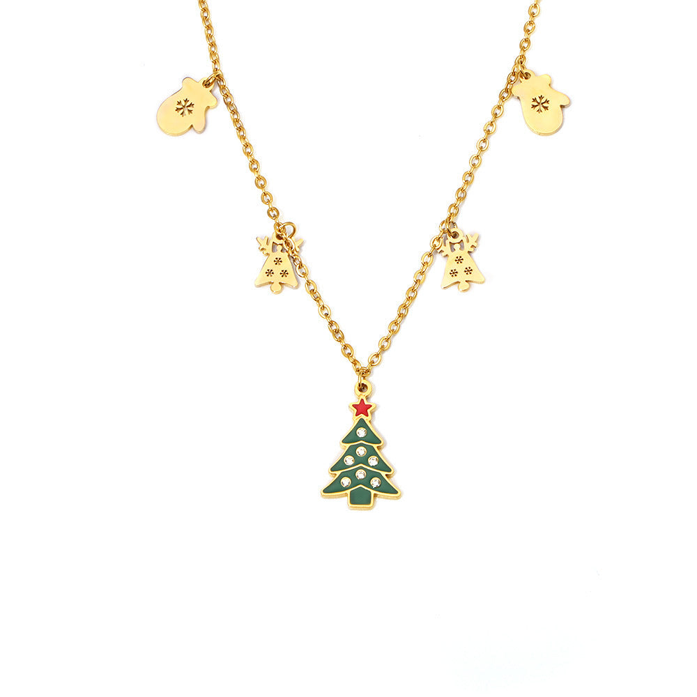 316L Stainless Steel Green Enamel Zircon Christmas Deer & Tree Pendant Necklace - Image 2