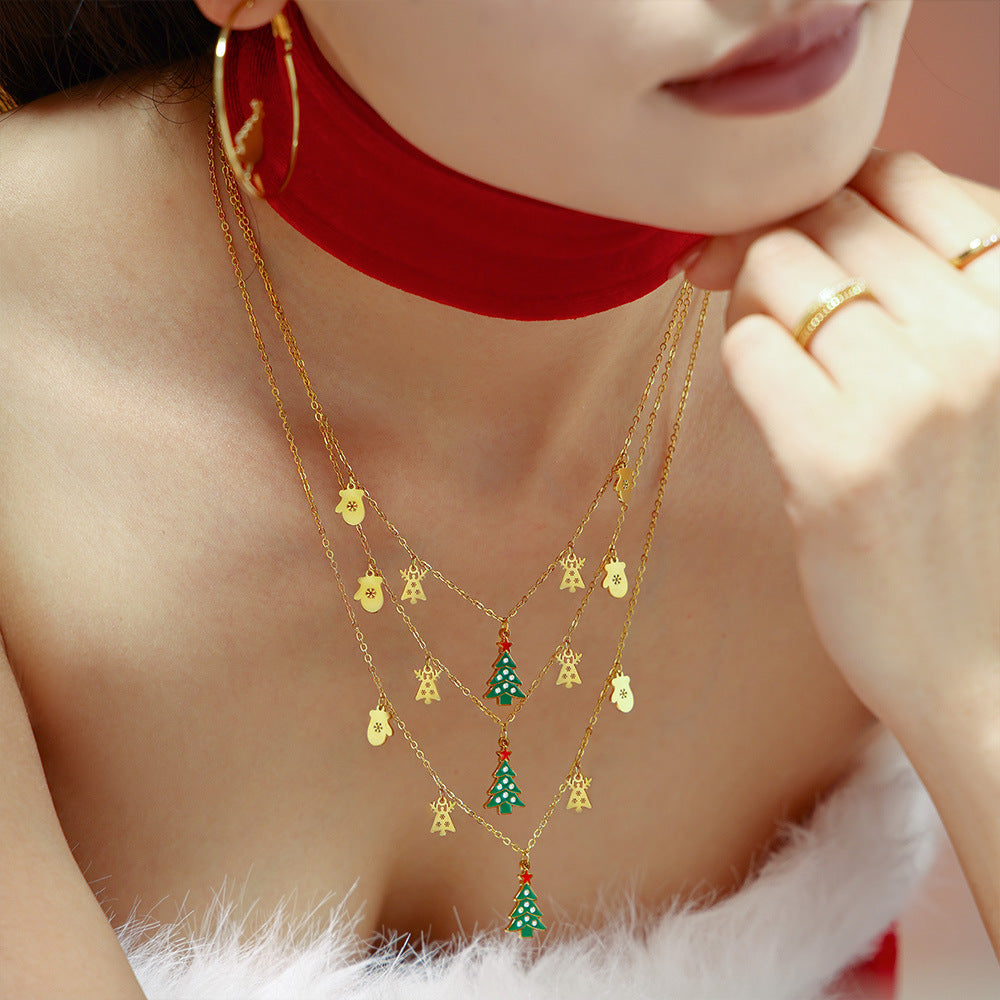316L Stainless Steel Green Enamel Zircon Christmas Deer & Tree Pendant Necklace - Image 4