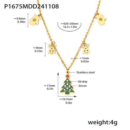 316L Stainless Steel Green Enamel Zircon Christmas Deer & Tree Pendant Necklace - Image 5