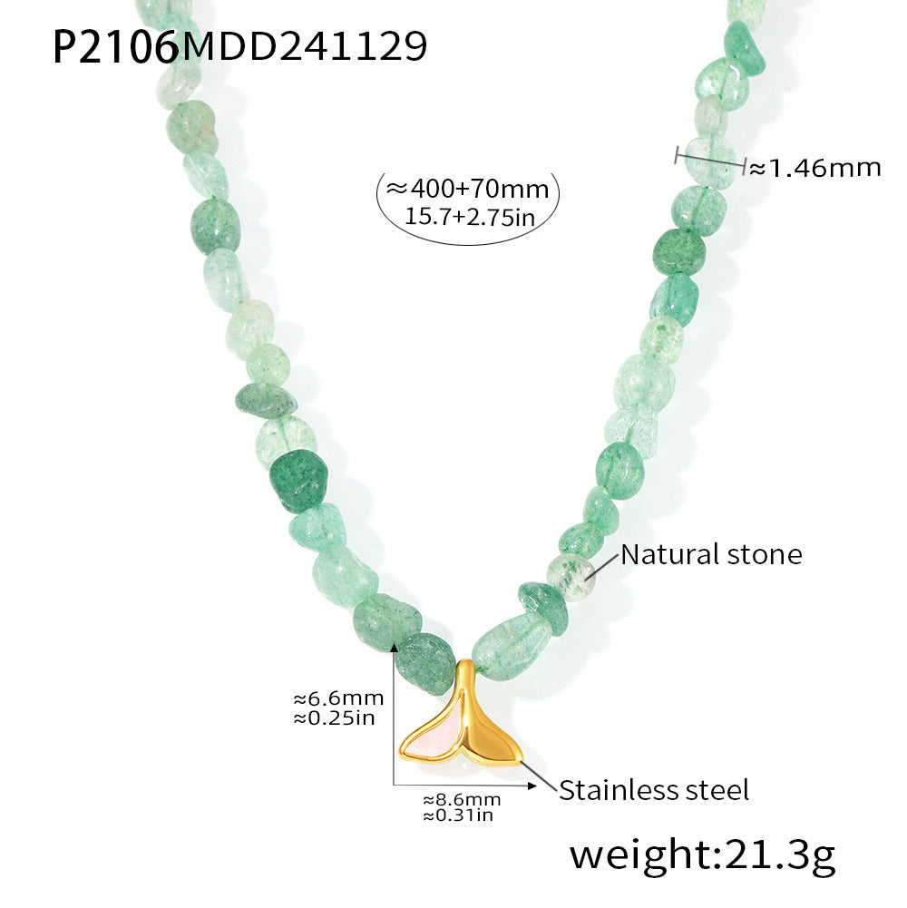 316L stainless steel green strawberry stone necklace with fishtail pendant showing detailed size and weight