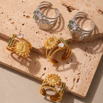 316L Stainless Steel Green Zircon Sunburst Open Ring - Image 2