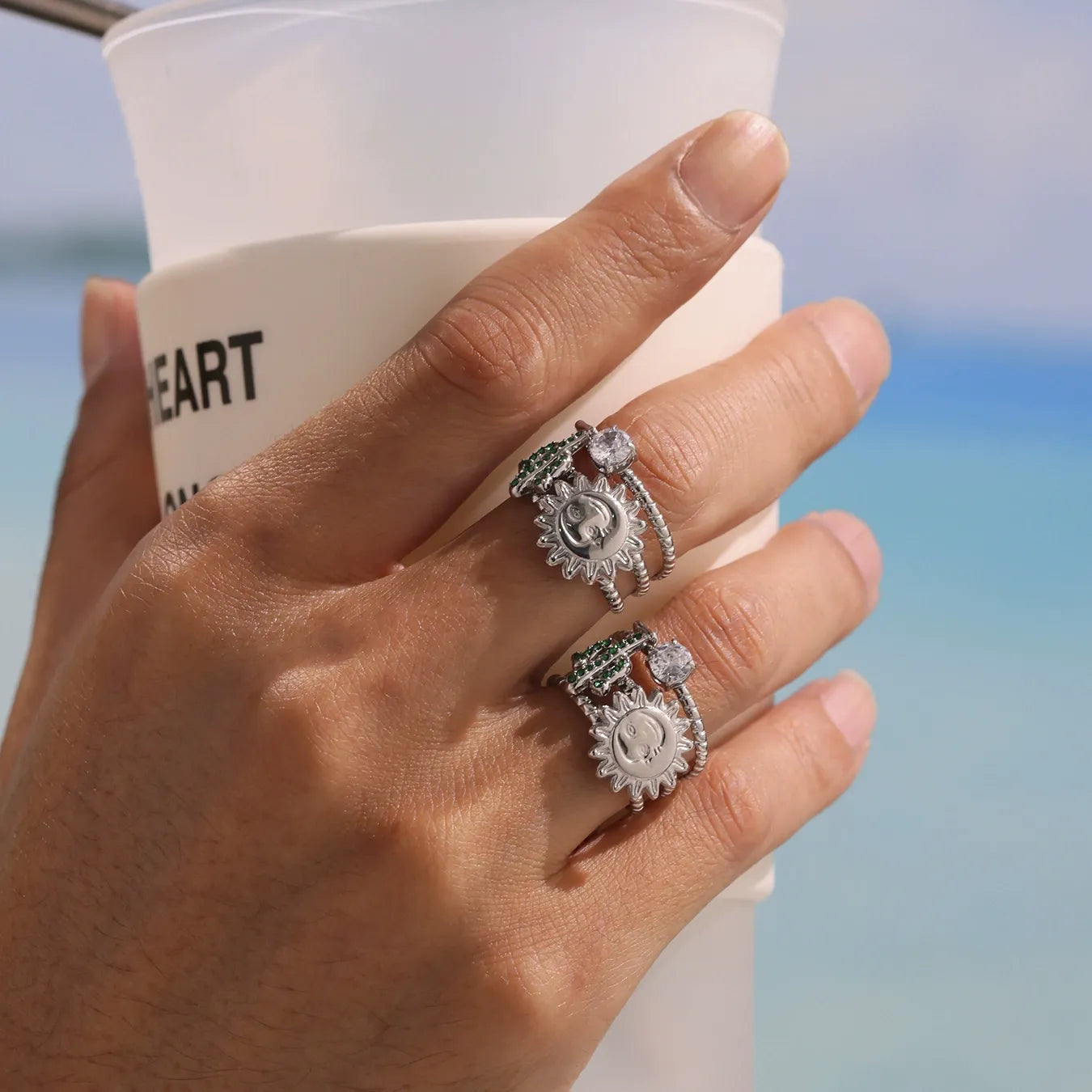 316L Stainless Steel Green Zircon Sunburst Open Ring - Image 3