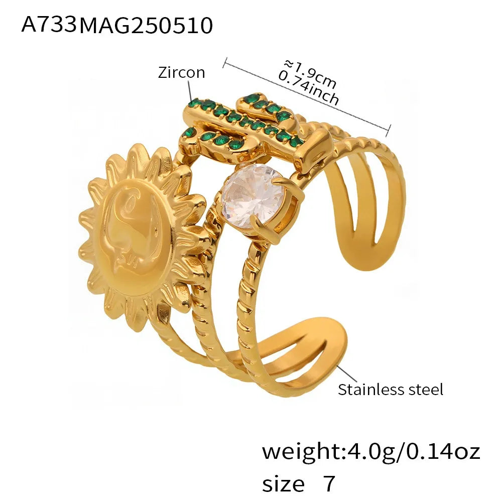 316L Stainless Steel Green Zircon Sunburst Open Ring - Image 5