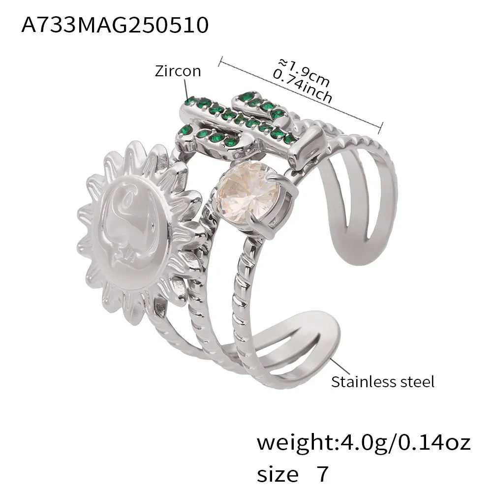 316L Stainless Steel Green Zircon Sunburst Open Ring - Image 6
