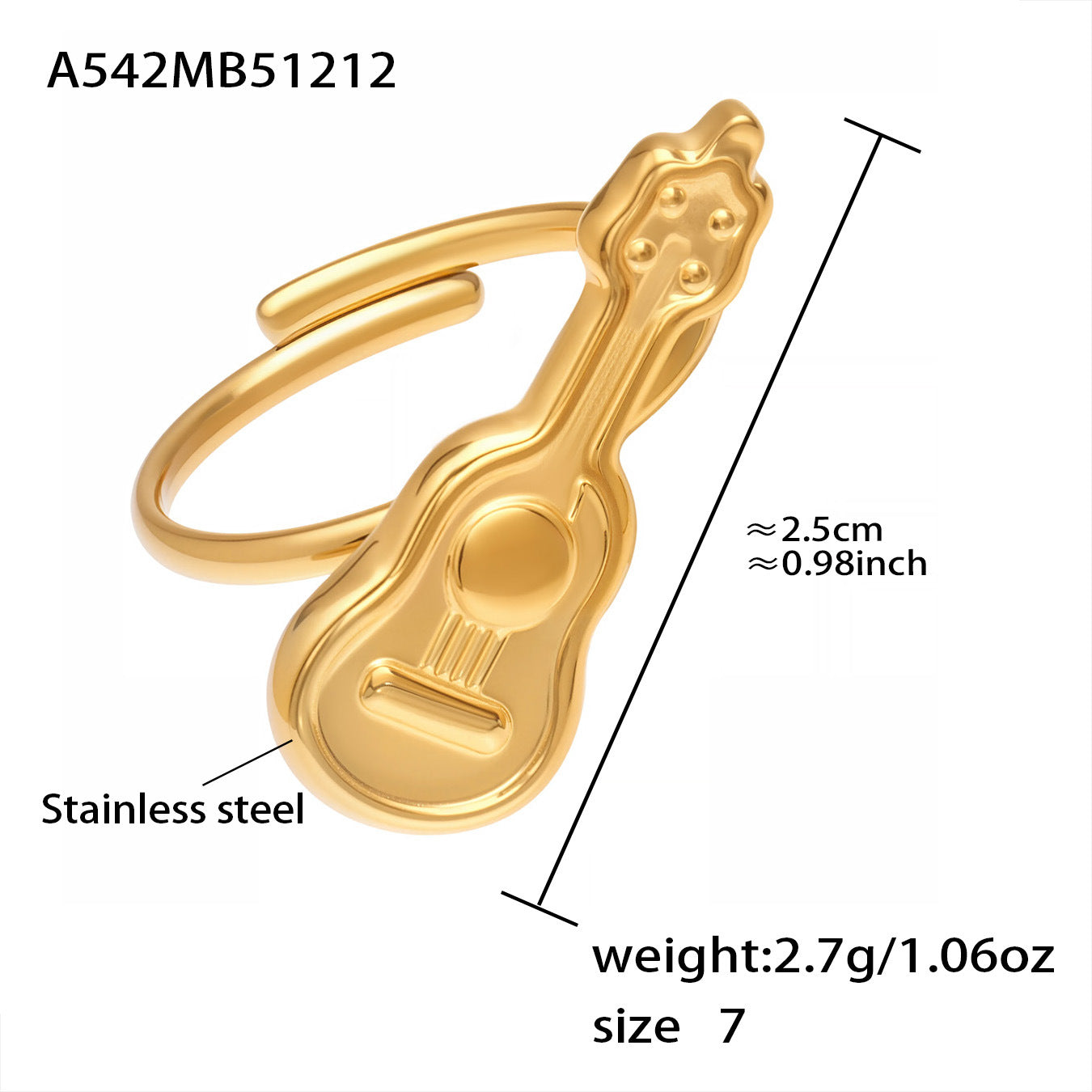 316L stainless steel guitar adjustable ring size chart showing 2.5cm length and 2.7g weight