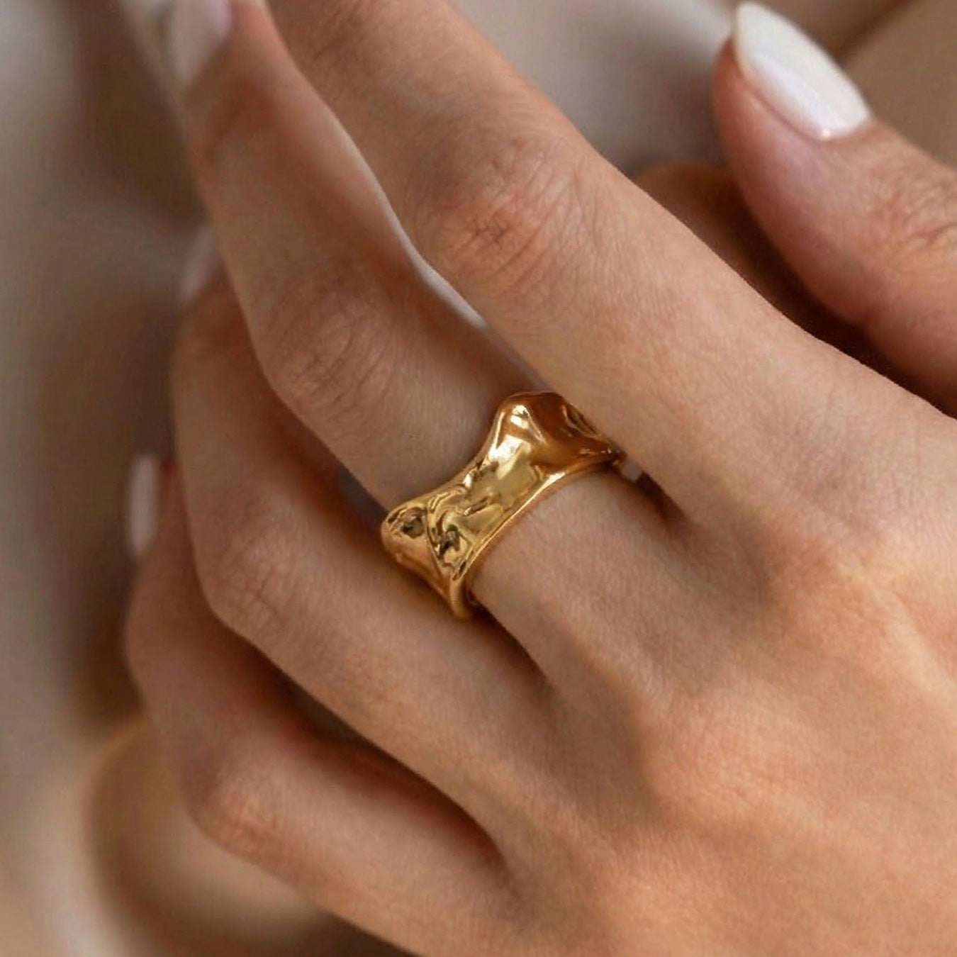 316L stainless steel hammered open ring gold PVD worn on hand waterproof jewelry