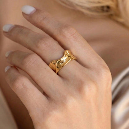 316L stainless steel hammered open ring gold PVD close-up on hand minimalist statement
