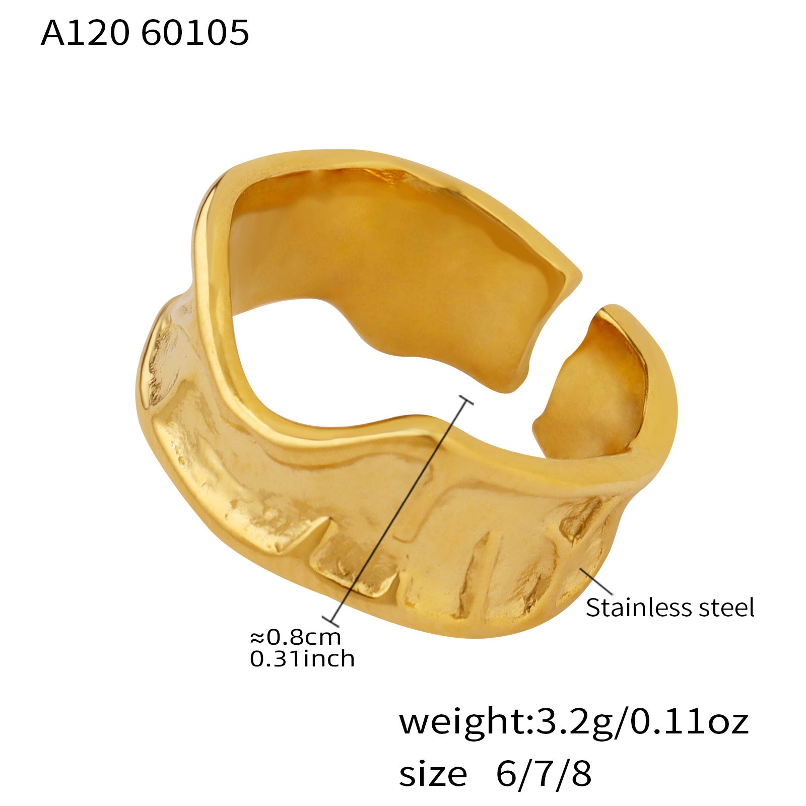 316L stainless steel hammered open ring gold PVD waterproof wholesale size detail