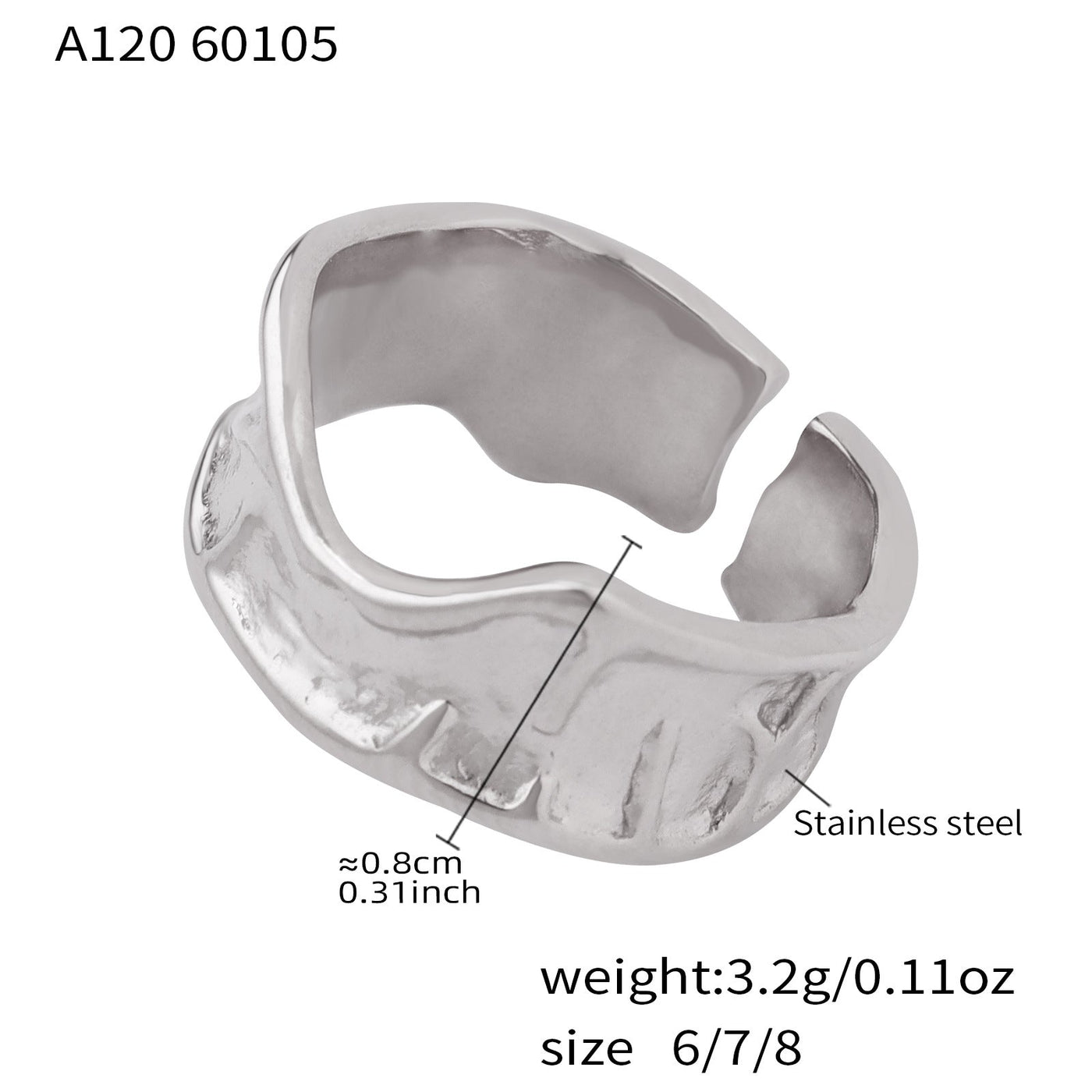316L stainless steel hammered open ring steel tone waterproof hypoallergenic size detail