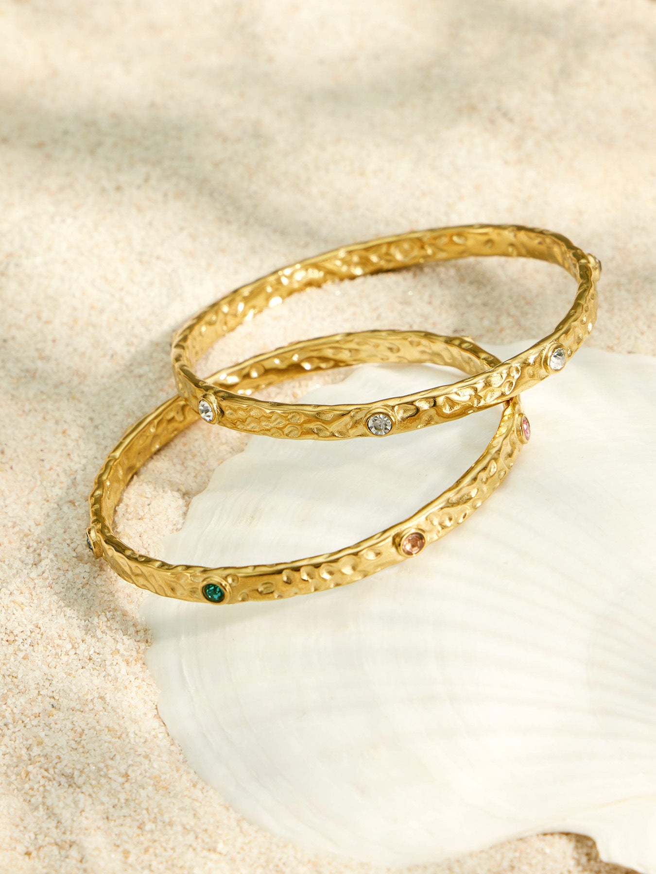316L Stainless Steel 18K PVD Gold Hammered Zircon Bangle made with 316L stainless steel and 18K PVD gold finish for wholesale jewelry buyers - image 11
