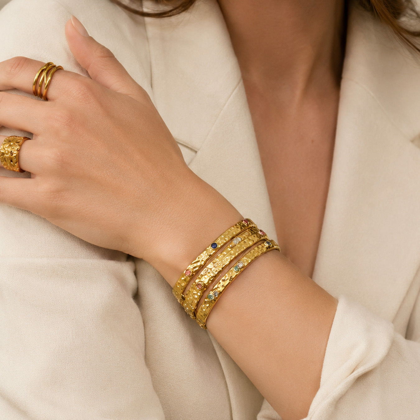 316L Stainless Steel 18K PVD Gold Hammered Zircon Bangle made with 316L stainless steel and 18K PVD gold finish for wholesale jewelry buyers - image 3