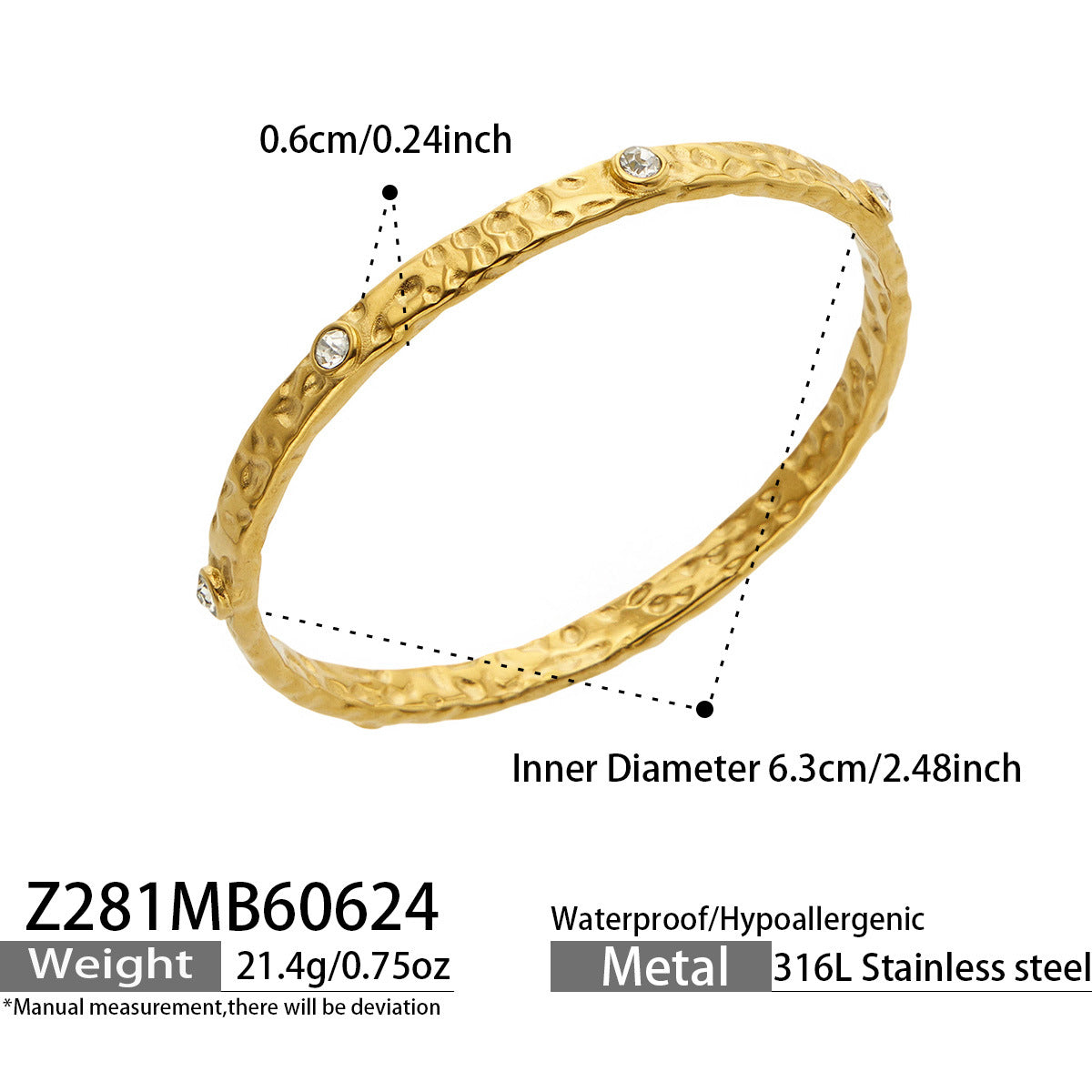 316L Stainless Steel 18K PVD Gold Hammered Zircon Bangle made with 316L stainless steel and 18K PVD gold finish for wholesale jewelry buyers - image 5