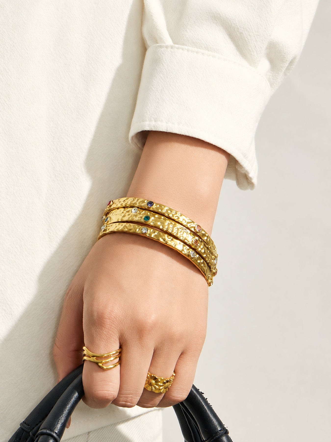 316L Stainless Steel 18K PVD Gold Hammered Zircon Bangle made with 316L stainless steel and 18K PVD gold finish for wholesale jewelry buyers - image 8