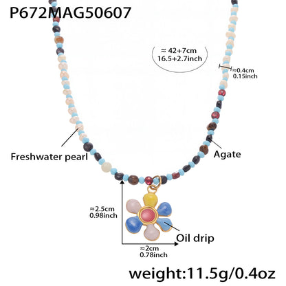 316L Stainless Steel Hand-Beaded Enamel Flower Agate Collarbone Necklace - Image 1