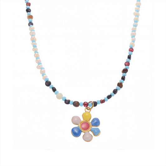 316L Stainless Steel Hand-Beaded Enamel Flower Agate Collarbone Necklace - Image 13