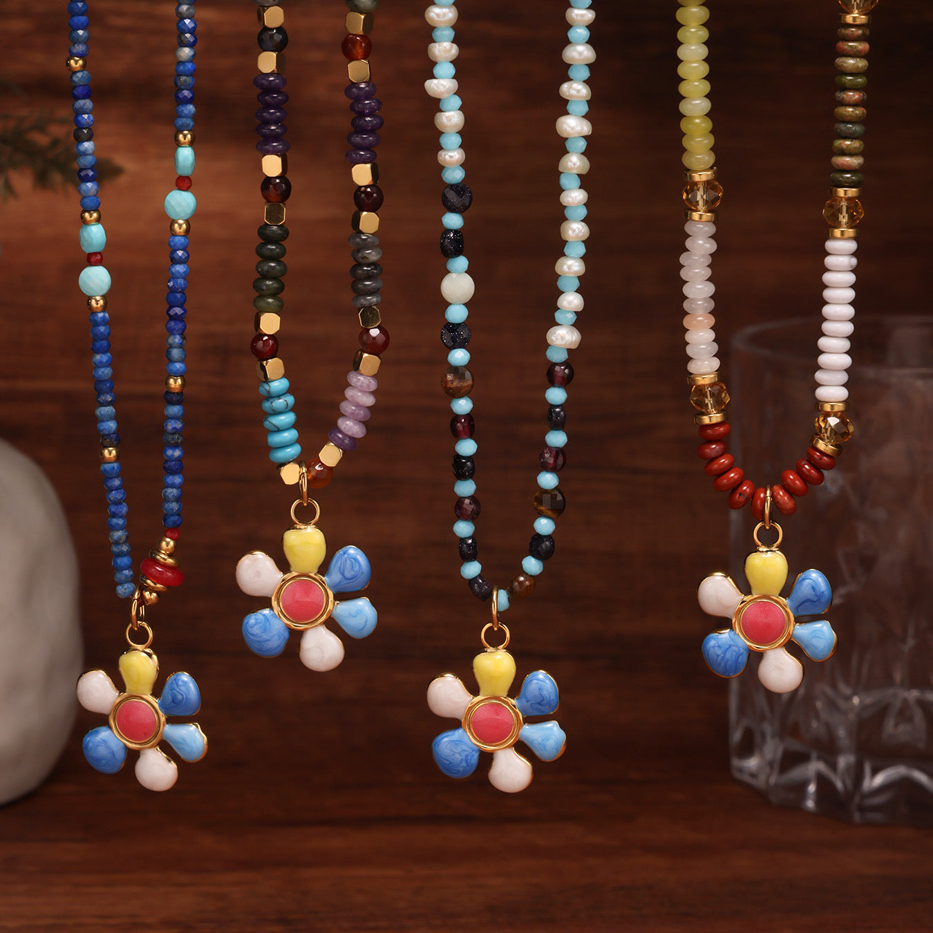 316L Stainless Steel Hand-Beaded Enamel Flower Agate Collarbone Necklace - Image 15