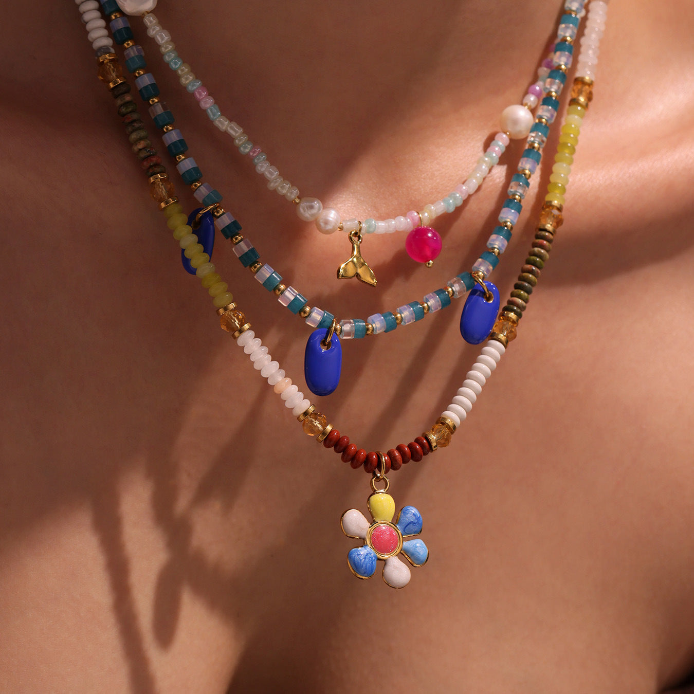 316L Stainless Steel Hand-Beaded Enamel Flower Agate Collarbone Necklace - Image 17