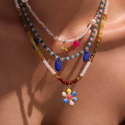 316L Stainless Steel Hand-Beaded Enamel Flower Agate Collarbone Necklace - Image 17