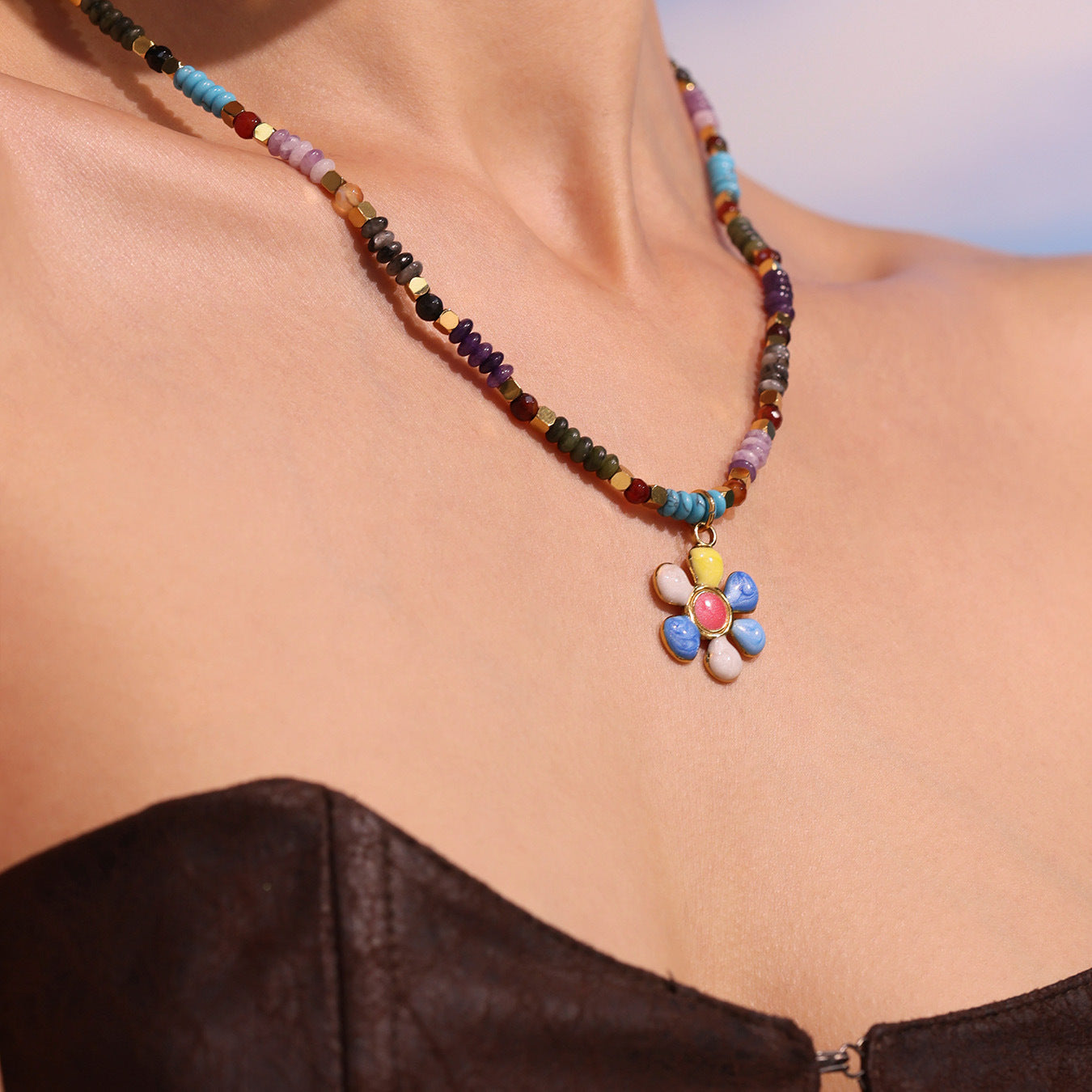 316L Stainless Steel Hand-Beaded Enamel Flower Agate Collarbone Necklace - Image 4