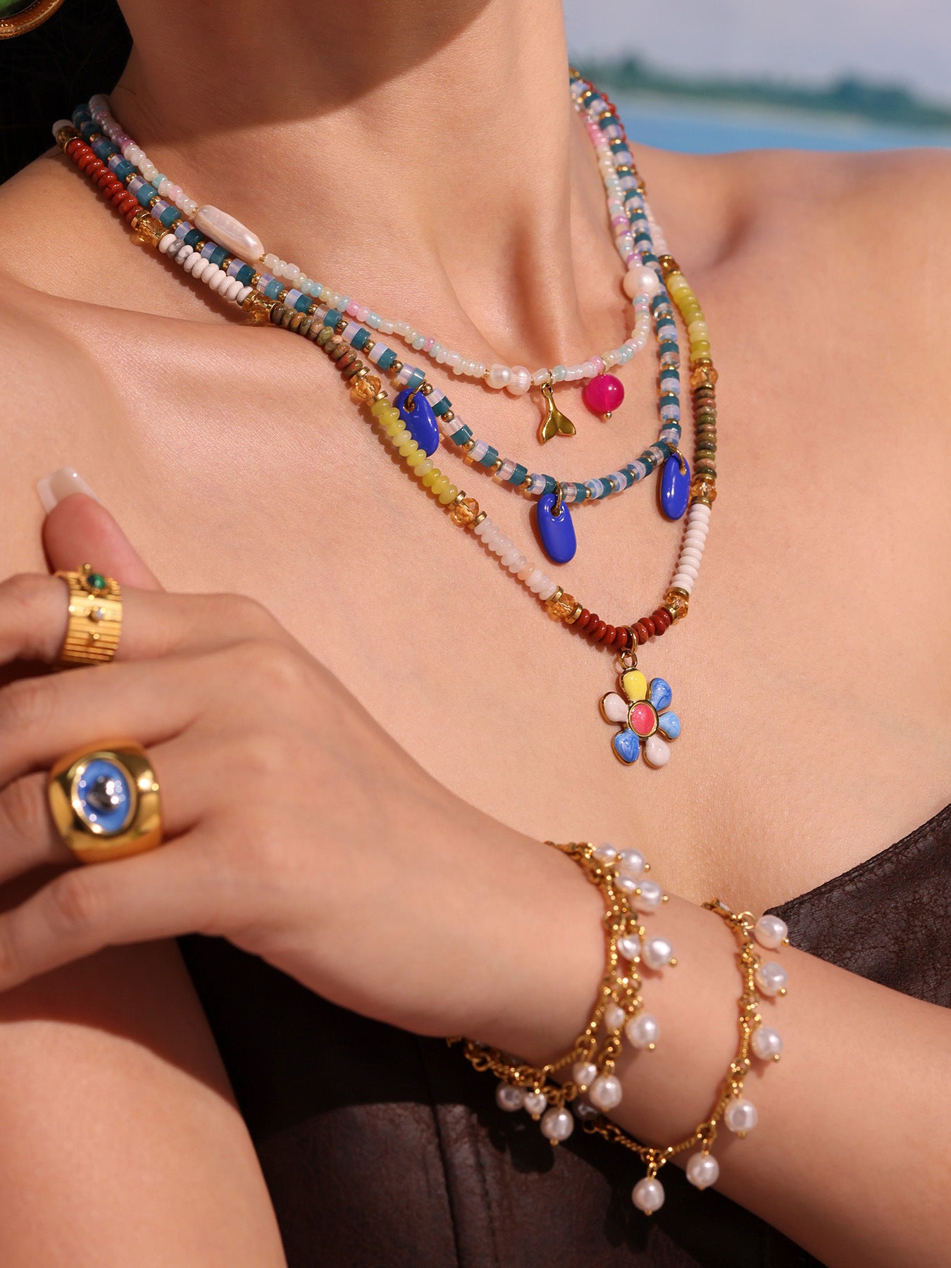 316L Stainless Steel Hand-Beaded Enamel Flower Agate Collarbone Necklace - Image 5