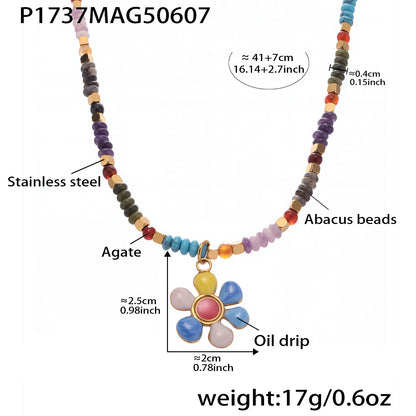 316L Stainless Steel Hand-Beaded Enamel Flower Agate Collarbone Necklace - Image 7