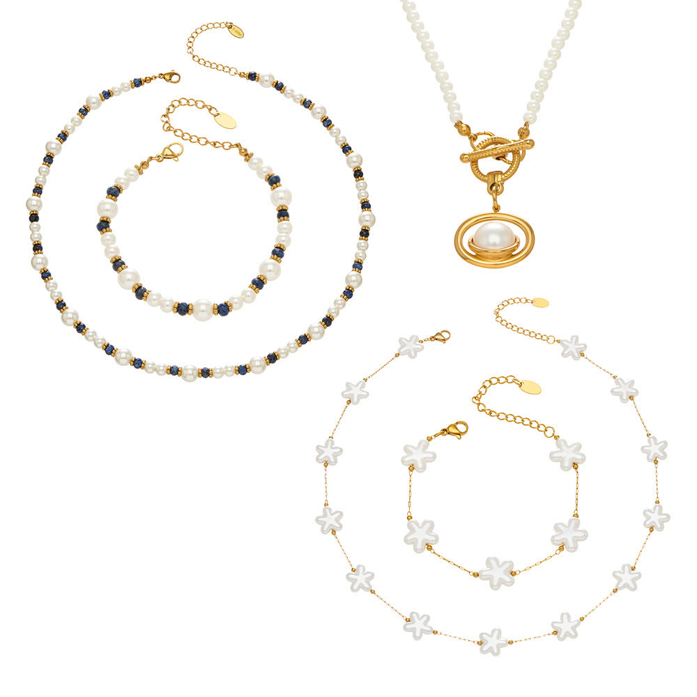 316L Stainless Steel Hand-Beaded Simulated Pearl & Blue Turquoise Collection - Image 1