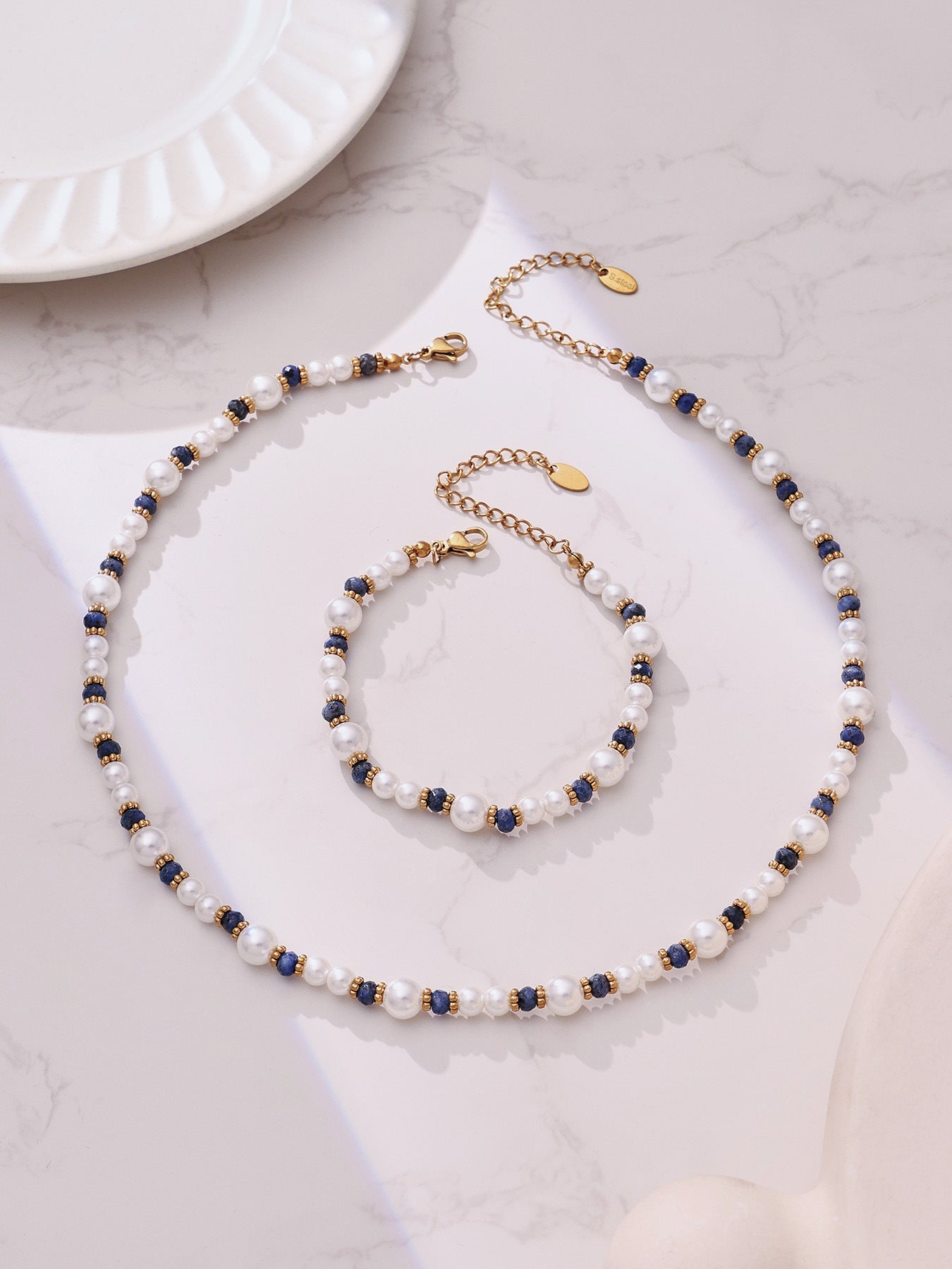 316L Stainless Steel Hand-Beaded Simulated Pearl & Blue Turquoise Collection - Image 14