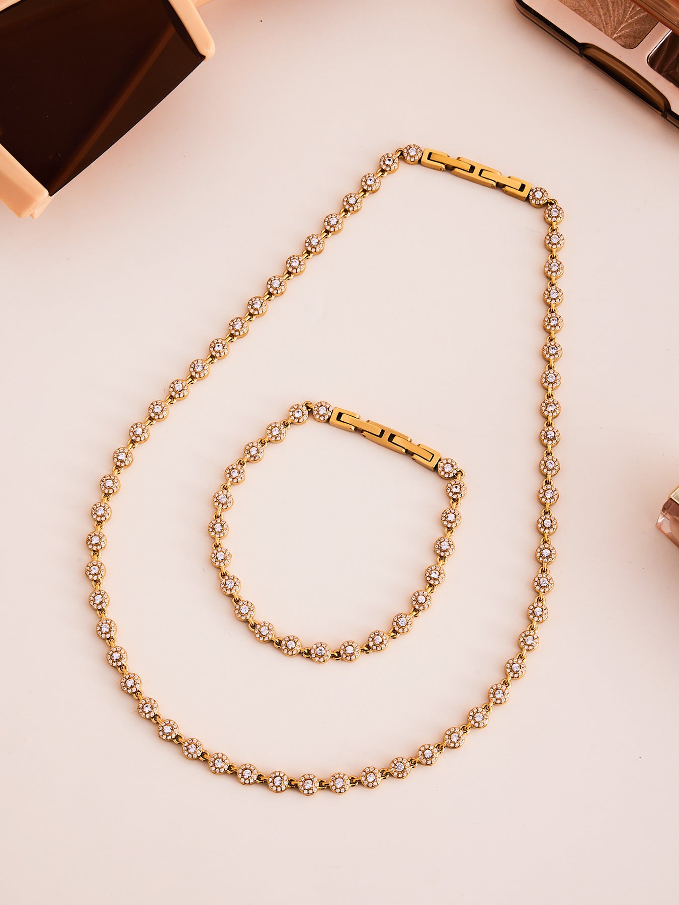 316L Stainless Steel Hand-Set 5A Zircon Interlocking Clasp Bracelet & Necklace - Image 16