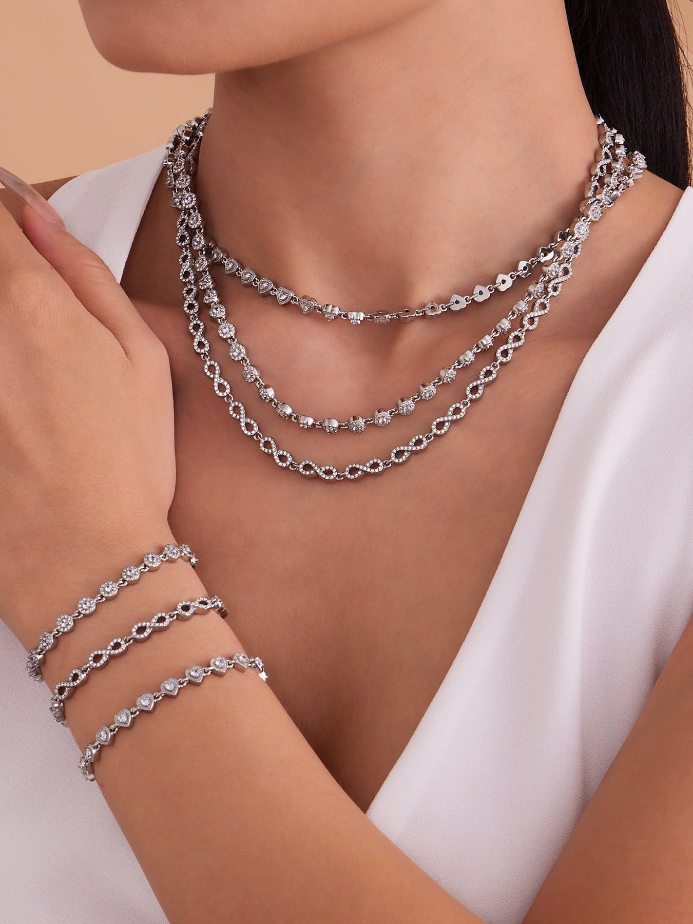 316L Stainless Steel Hand-Set 5A Zircon Interlocking Clasp Bracelet & Necklace - Image 5