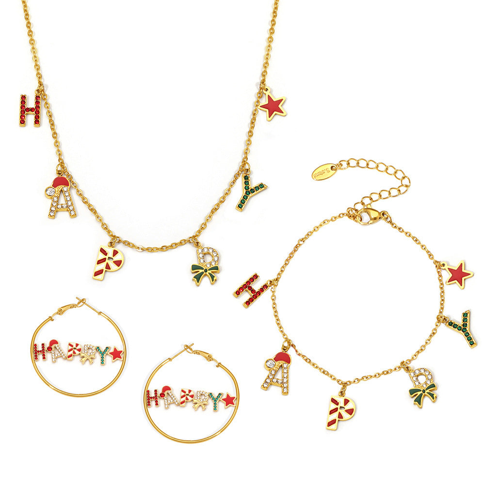 316L Stainless Steel HAPPY Letter Enamel & Zircon Christmas Jewelry Set - Image 1