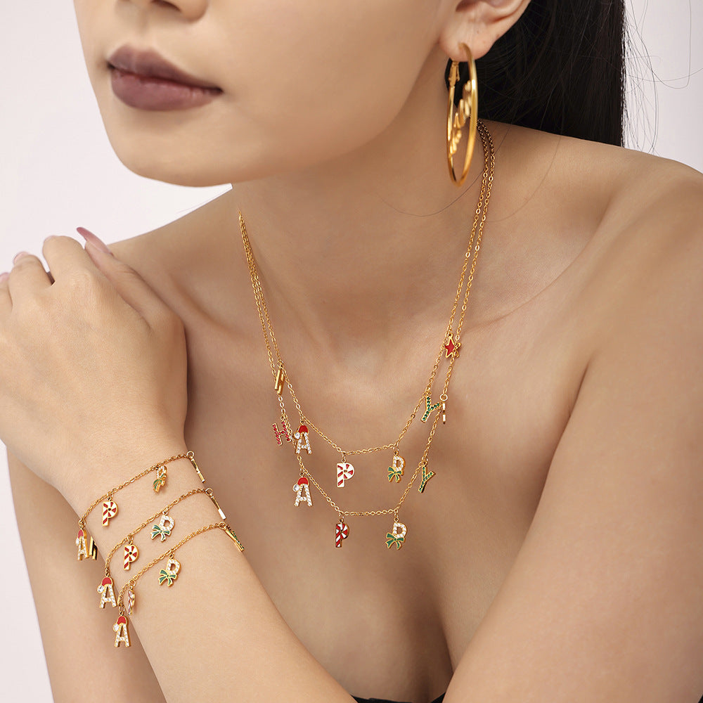 316L Stainless Steel HAPPY Letter Enamel & Zircon Christmas Jewelry Set - Image 2