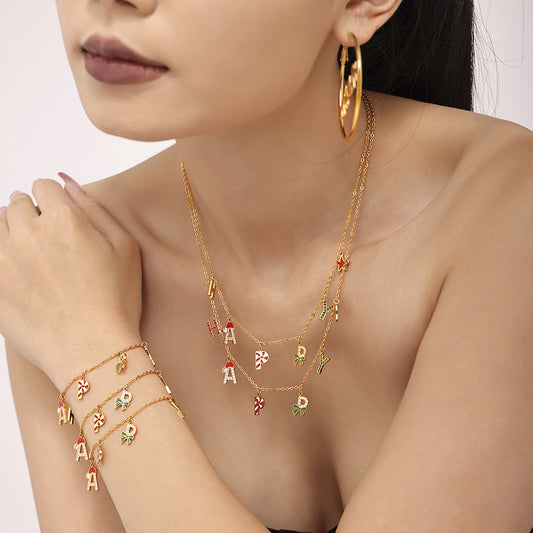 316L Stainless Steel HAPPY Letter Enamel & Zircon Christmas Jewelry Set - Image 2