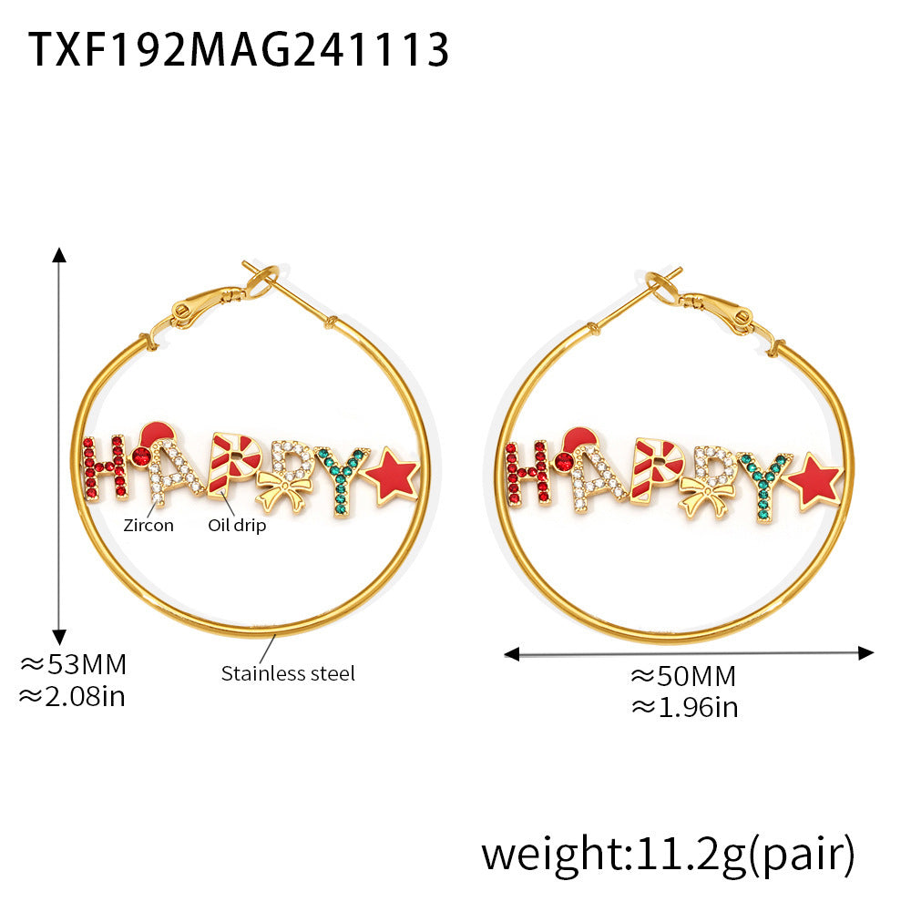 316L Stainless Steel HAPPY Letter Enamel & Zircon Christmas Jewelry Set - Image 3
