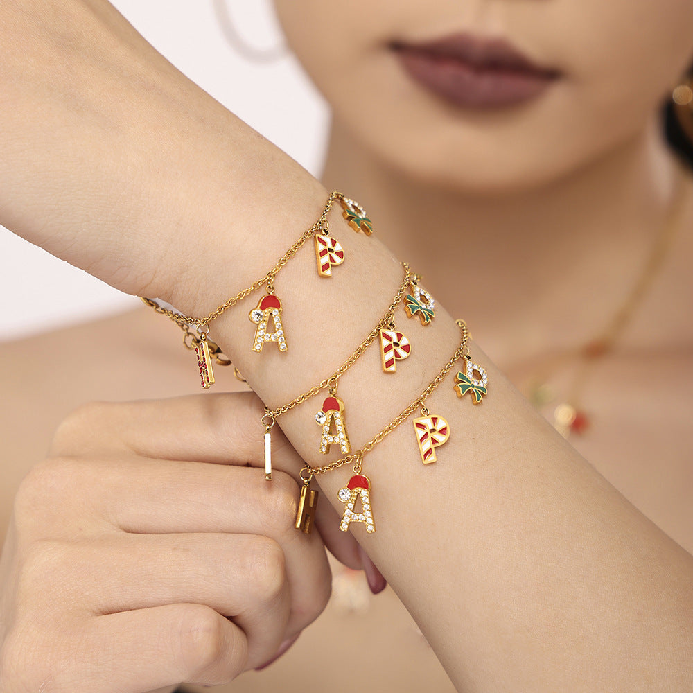 316L Stainless Steel HAPPY Letter Enamel & Zircon Christmas Jewelry Set - Image 4