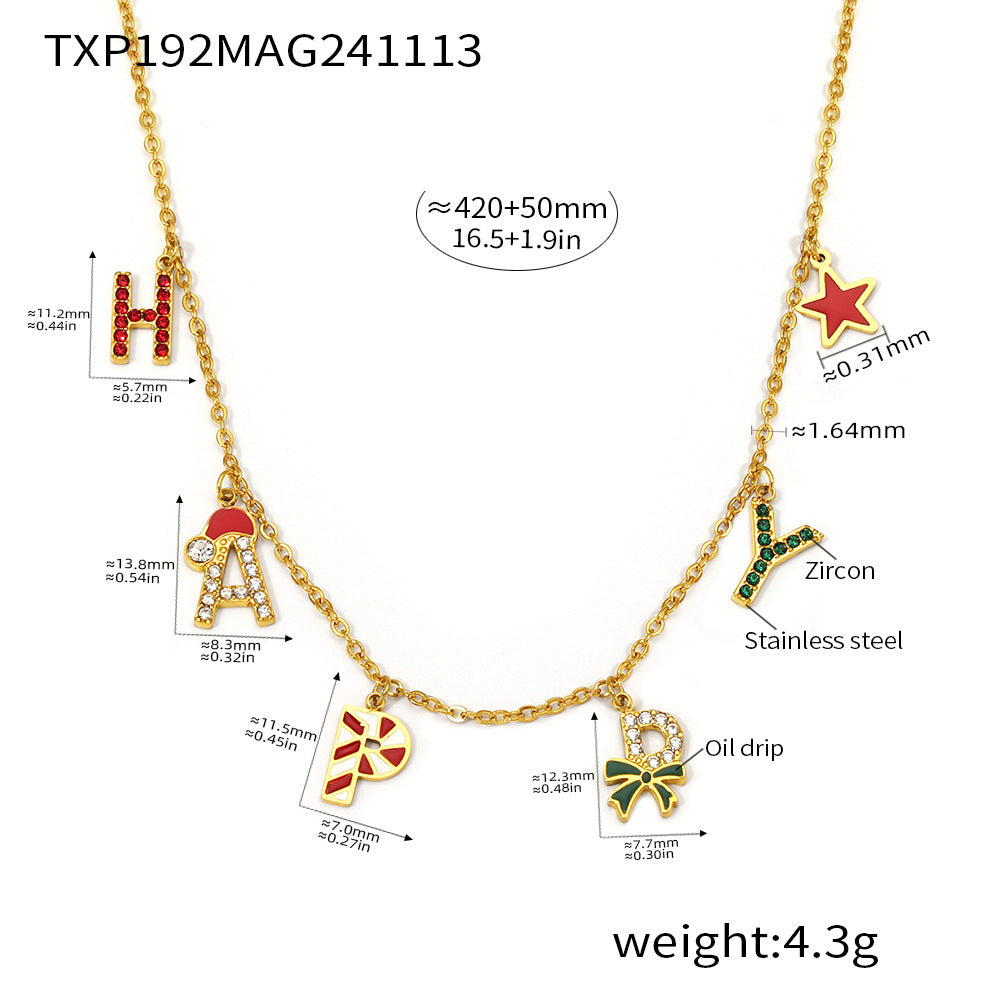 316L Stainless Steel HAPPY Letter Enamel & Zircon Christmas Jewelry Set - Image 7