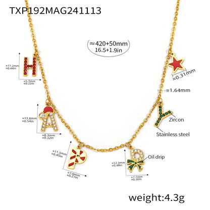 316L Stainless Steel HAPPY Letter Enamel & Zircon Christmas Jewelry Set - Image 7