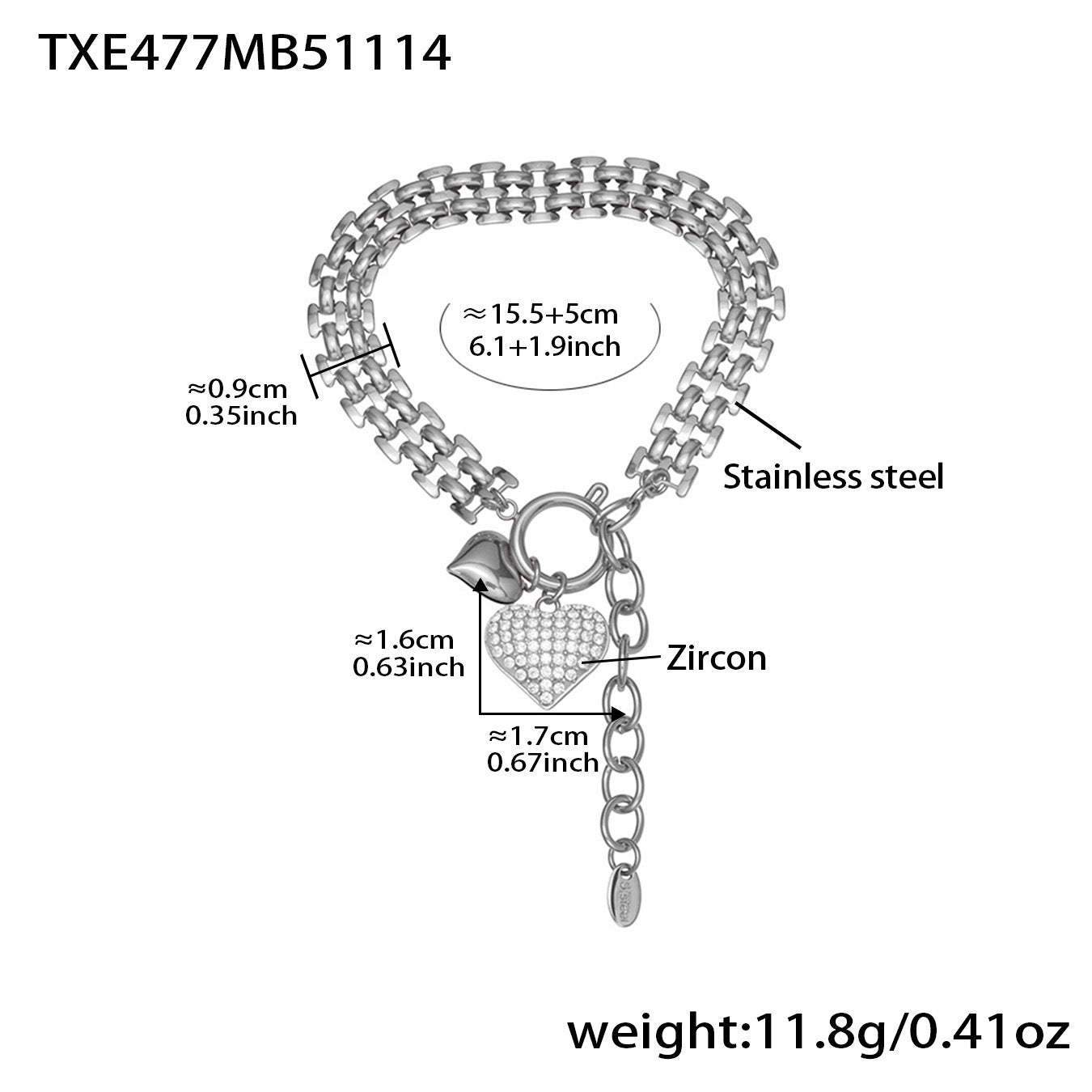 316L stainless steel heart charm bracelet in gold with size details, PVD gold plated