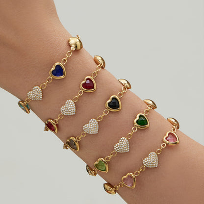 Multicolor glass stone heart charm bracelets made of 316L stainless steel close up detail
