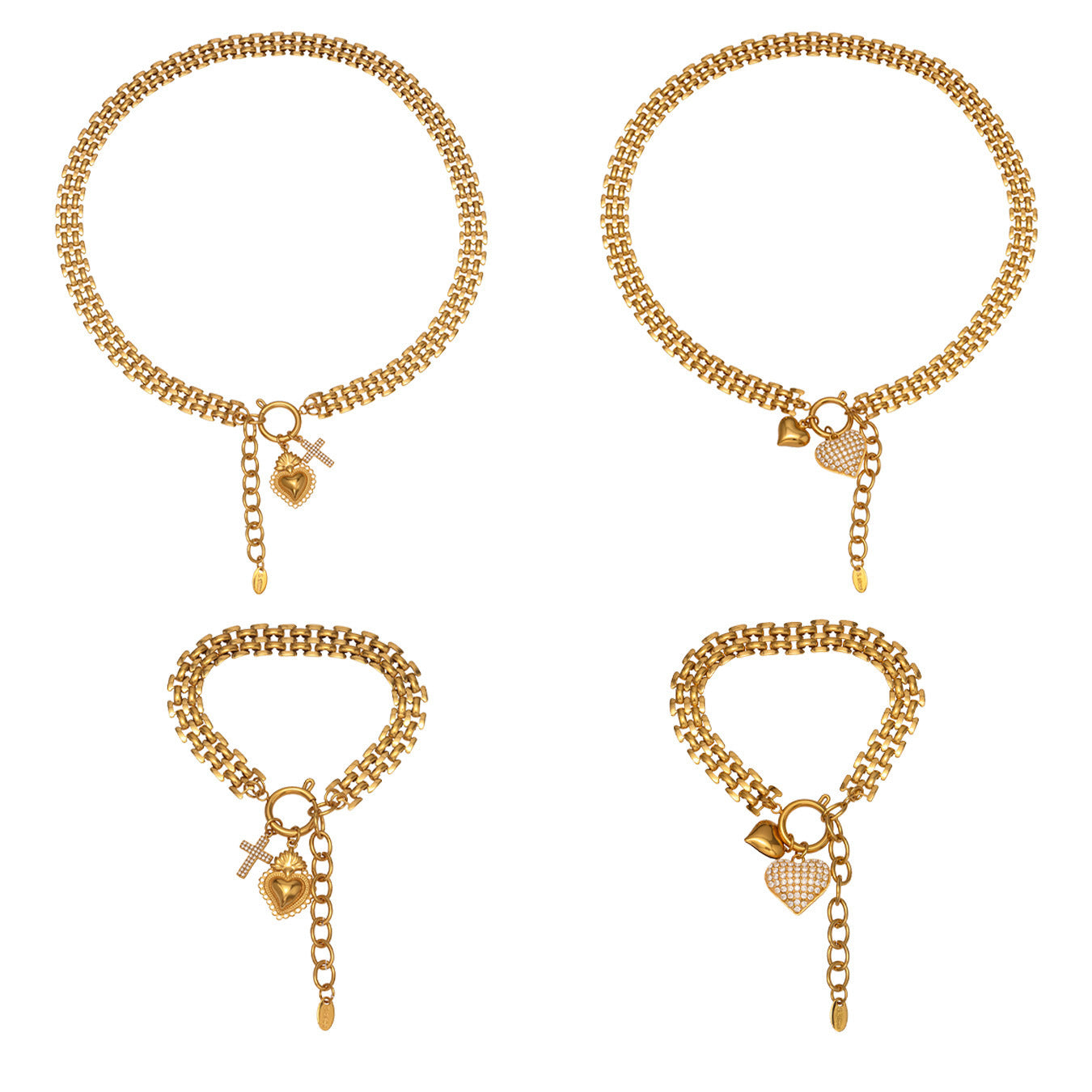 316L stainless steel heart charm necklace and bracelet set with zircon details and PVD gold plating