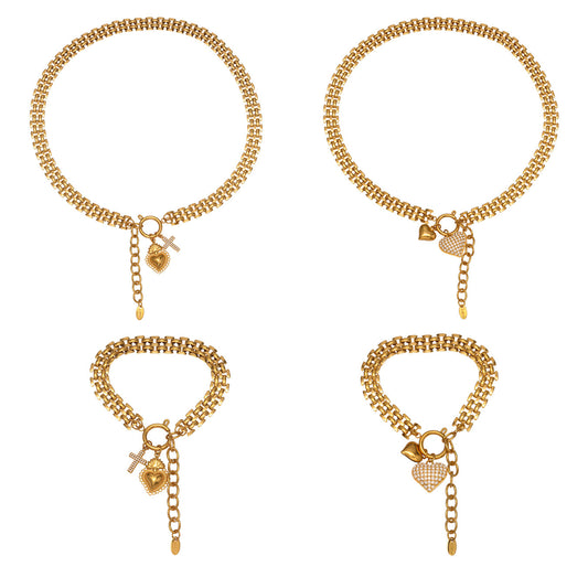 316L stainless steel heart charm necklace and bracelet set with zircon details and PVD gold plating