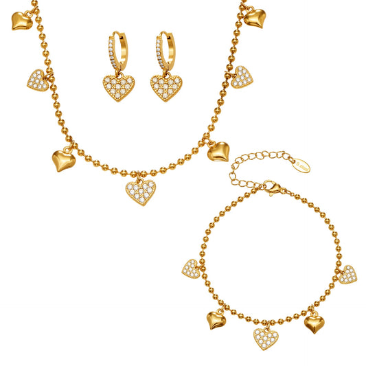 316L stainless steel heart charm jewelry set including necklace bracelet anklet and hoop earrings