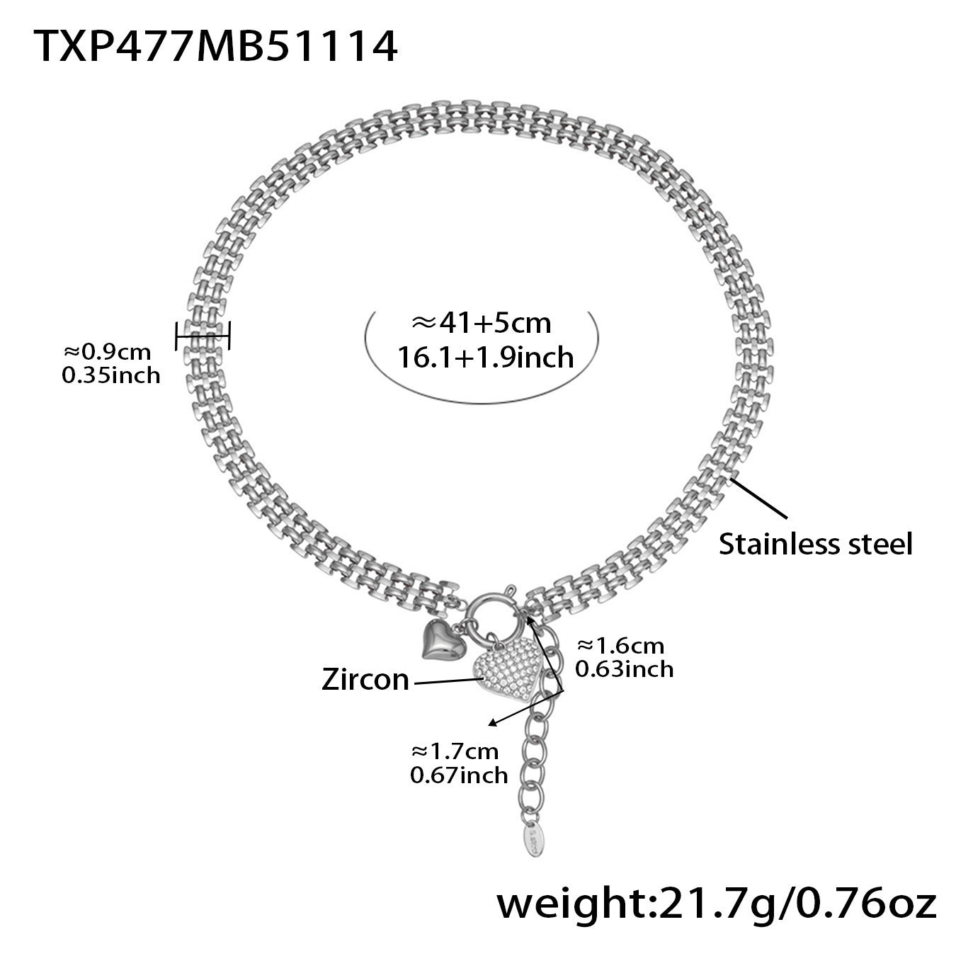 316L stainless steel heart charm necklace in silver with size details, adjustable length