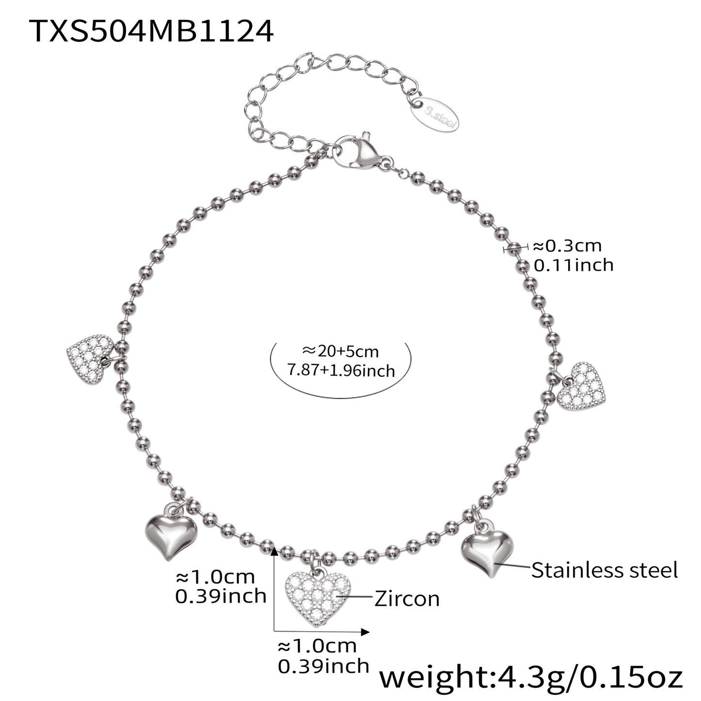 316L Stainless Steel Heart CZ Charm Jewelry Set