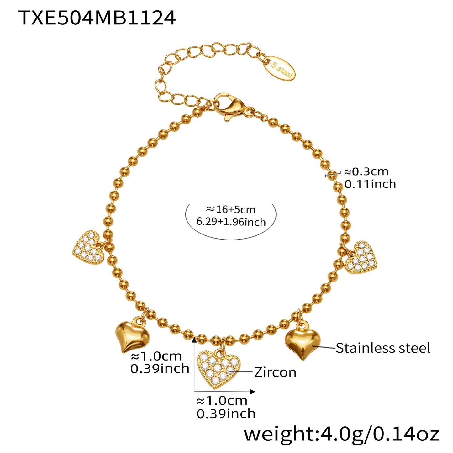 316L Stainless Steel Heart CZ Charm Jewelry Set